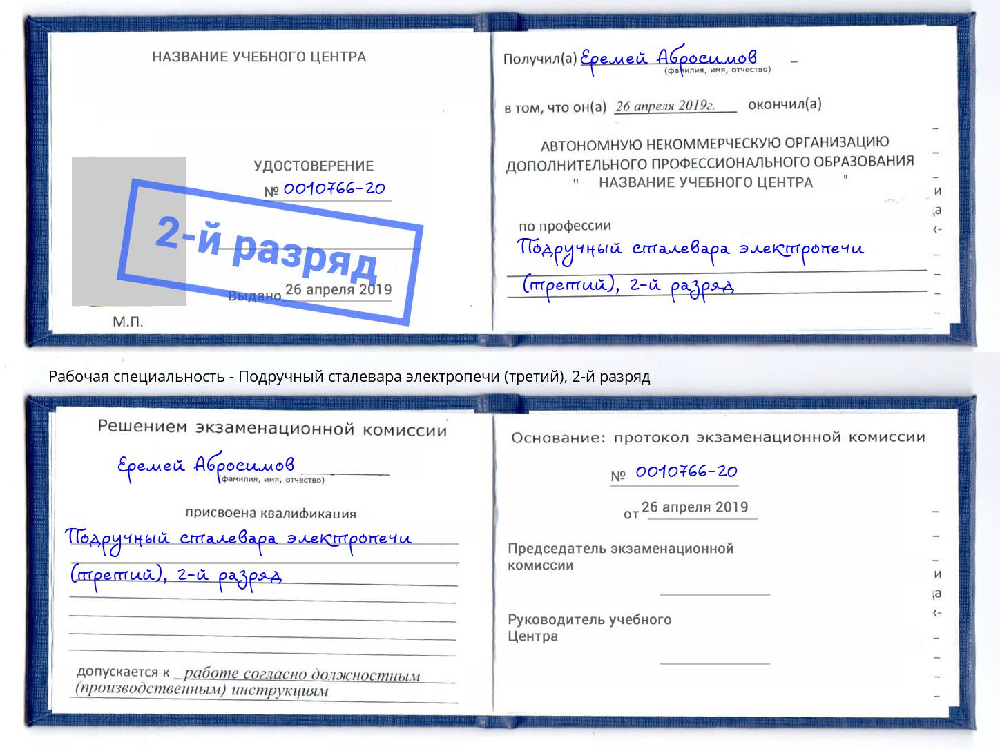 корочка 2-й разряд Подручный сталевара электропечи (третий) Первоуральск