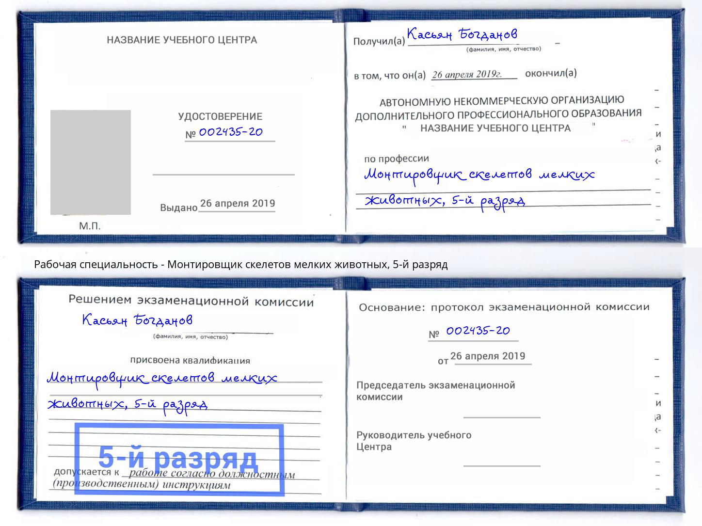 корочка 5-й разряд Монтировщик скелетов мелких животных Первоуральск