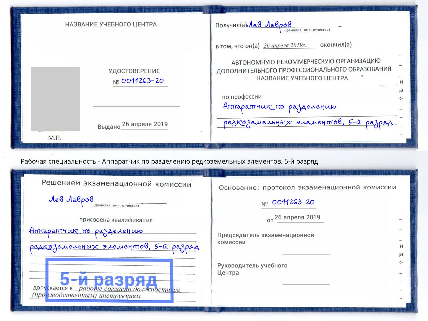 корочка 5-й разряд Аппаратчик по разделению редкоземельных элементов Первоуральск